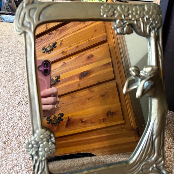 Art Deco Art Nouveau Period Tabletop, Solid Brass Mirror with Woman Figure - Picture 8 of 13